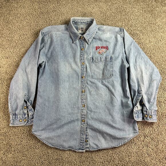 VINTAGE Detroit Red Wings Shirt Womens M Blue Chambray Denim Button Up LEE - Picture 2 of 10